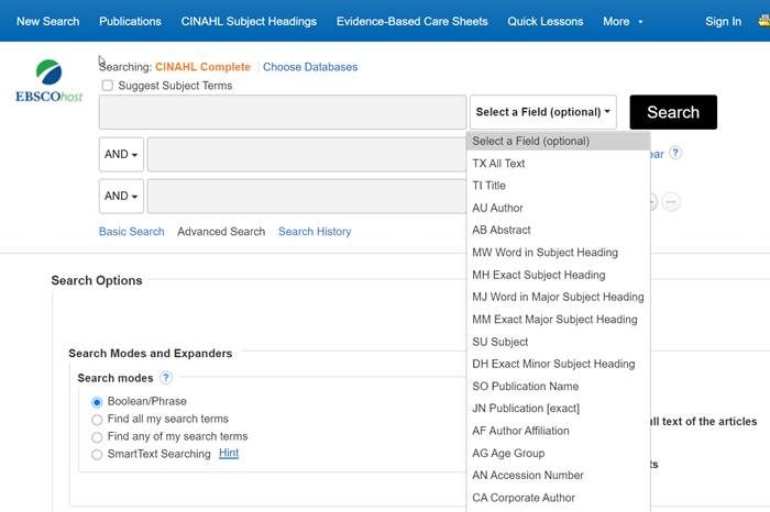 Screen shot demonstrating the list of fields you may search in CINAHL
