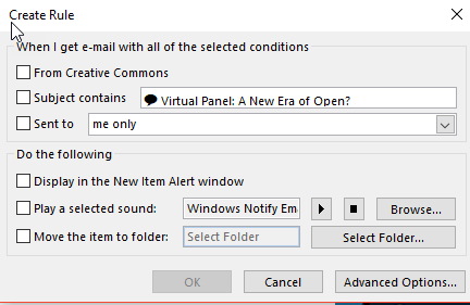 Screenshot showing where to create conditions in Outlook