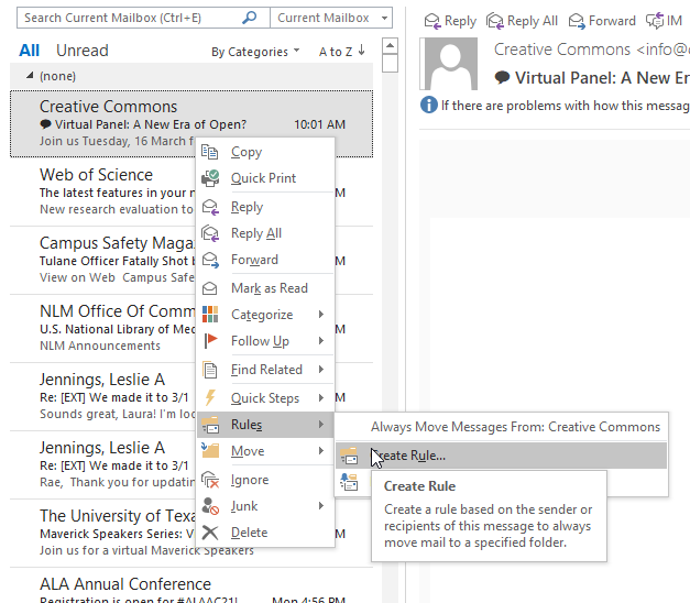 Screenshot showing where to create a rule in Outlook