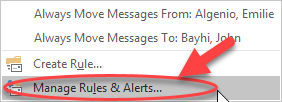 Screenshot showing where to manage rules and alerts in Outlook