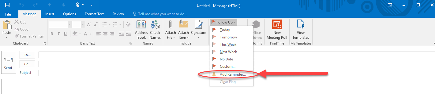 Screenshot showing where to add a reminder in email