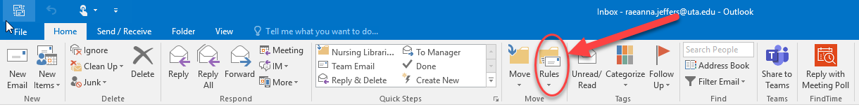 Screenshot showing where to manage rules in Outlook