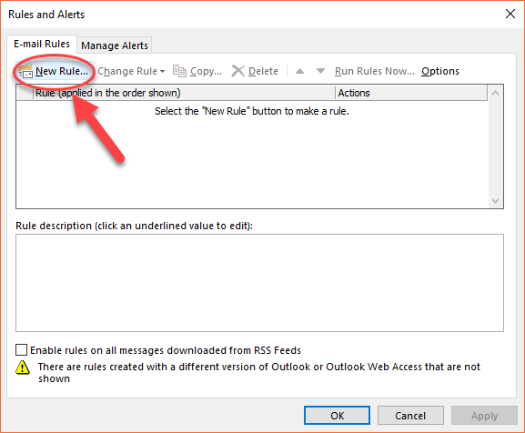 Screenshot showing where to manage new rules in Outlook
