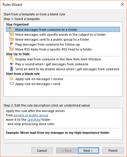 Screenshot showing how to use the Rules Wizard in Outlook