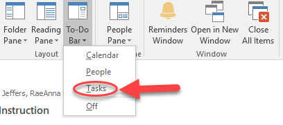 Screenshot on tasks menu option from drop down menu in to-do bar icon