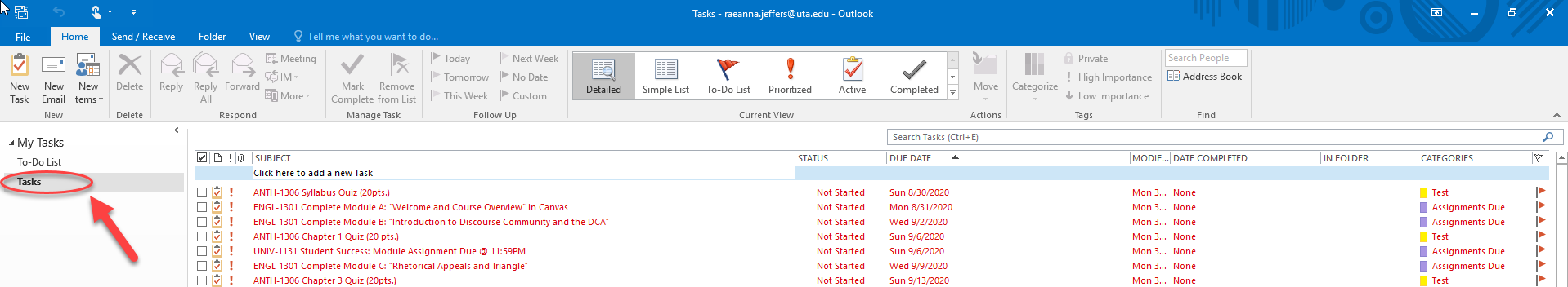 Screenshot showing how to view task list options in detailed view
