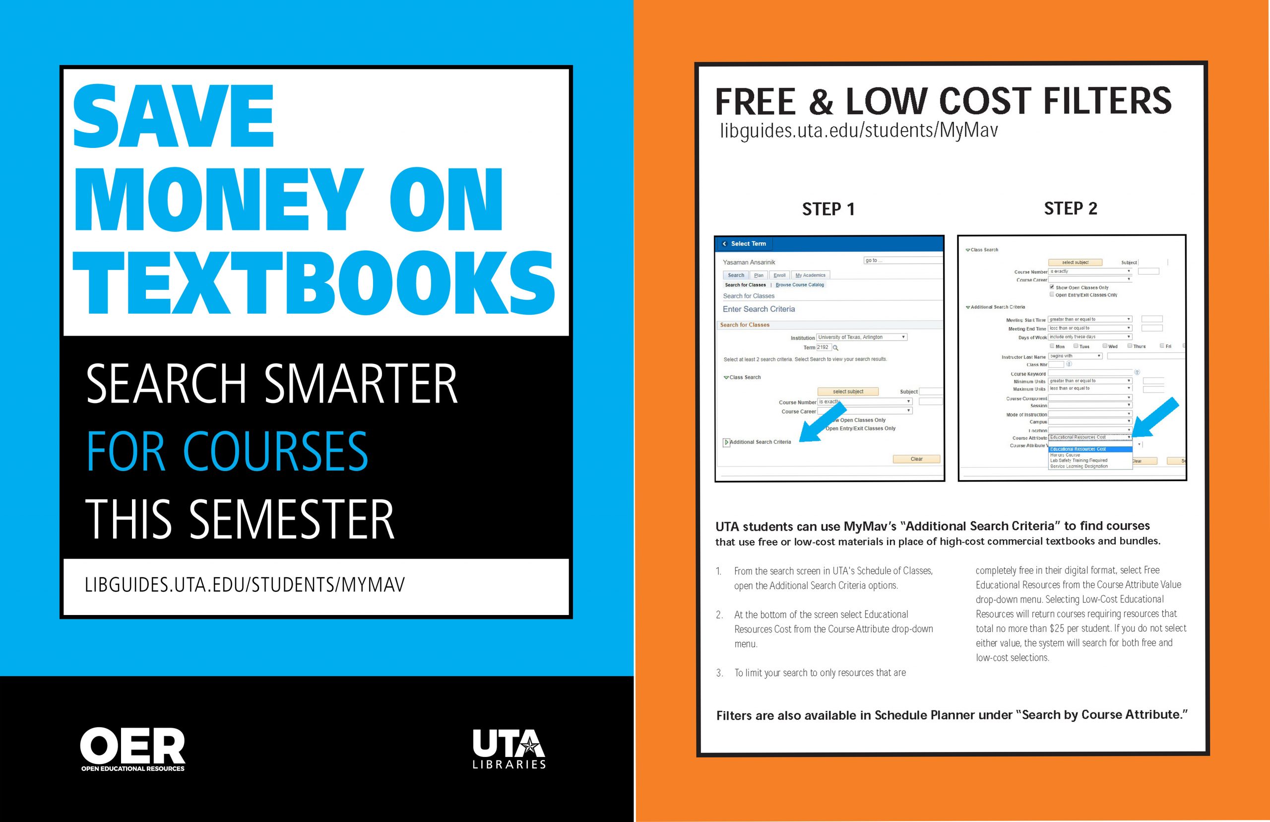 Front and Back cover of a UTA flier which reads "Save Money On Textbooks flier" and guides on searching for Free & Low Cost Filters on MyMav