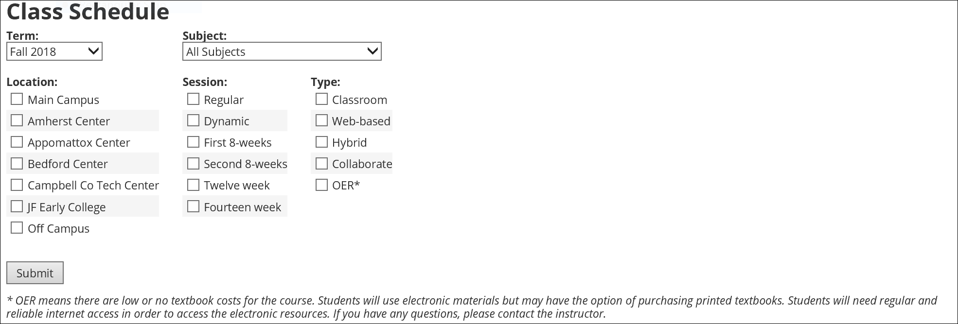 class schedule search interface with OER listed as a type of course