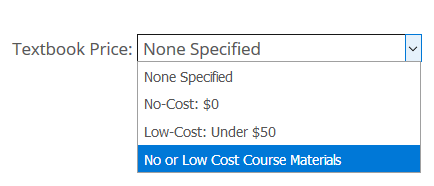 Search limiters in JICS for Textbook Price column of online Course Schedule