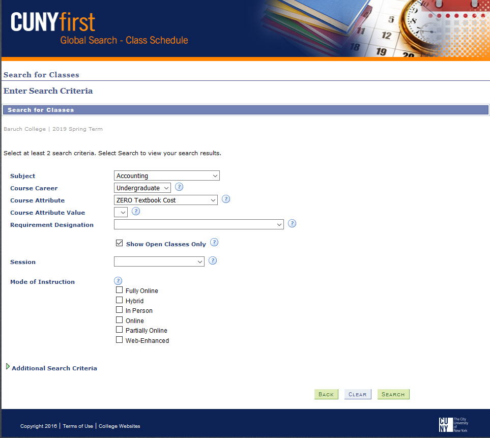 CUNYfirst Global Search, where students can limit their search to zero textbook cost courses