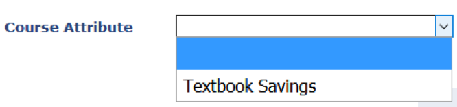 Presents the "Course Attributes" section of the search menu. A drop-down menu is highlighted, presenting one option: Textbook Savings.