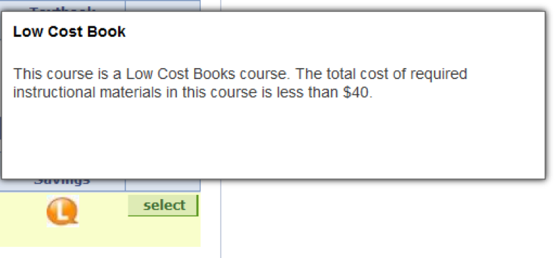 Presents a dialogue box above an orange bubble with a "L" from the search results table. The box reads: "Low Cost Book: This course isa Low Cost Books course. The total cost of required instructional materials in this course is less than $40."