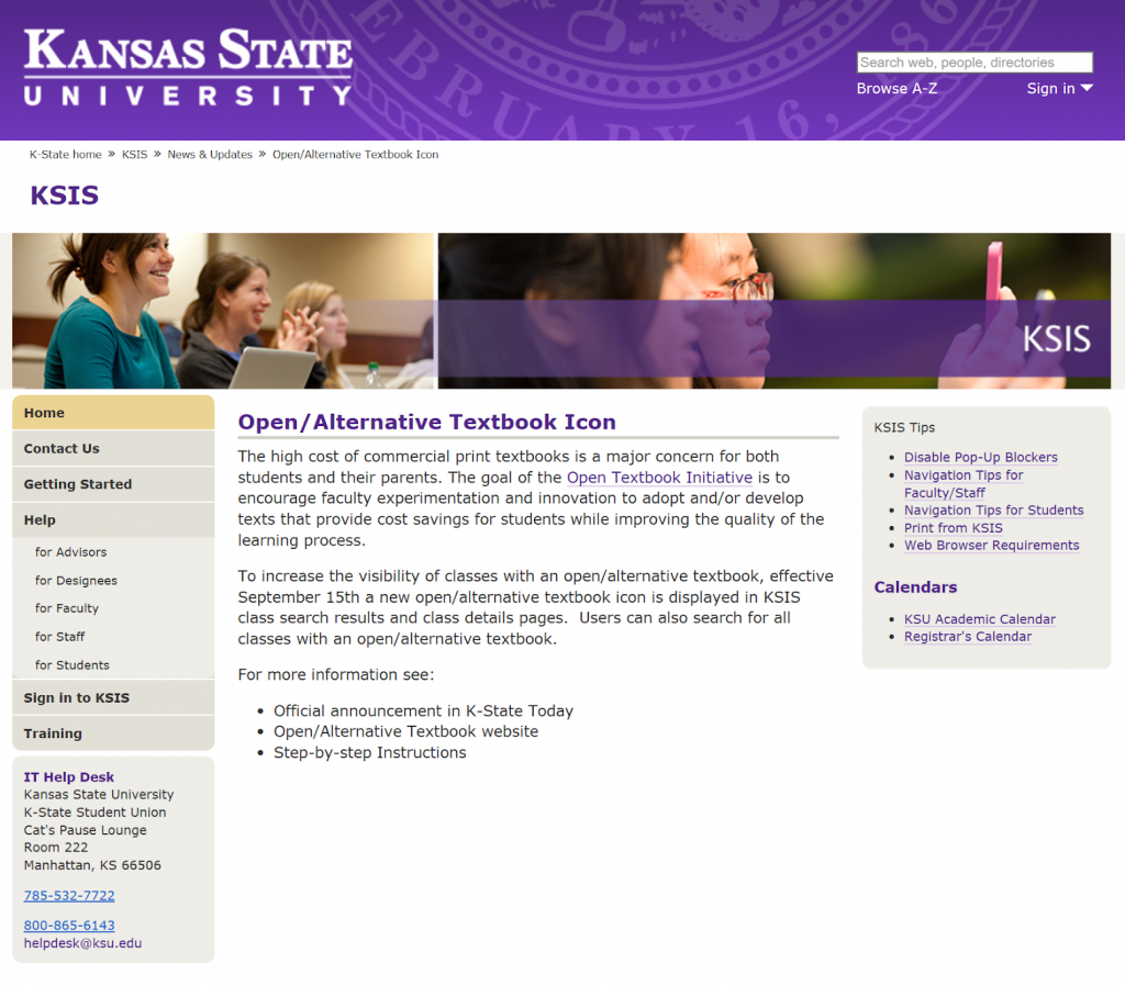 Image of page in the KSIS, class search, News and Updates section which features an information announcement on the open/alternative textbook icon for the KSIS, class search.