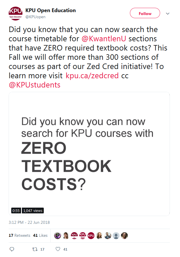 Tweet stating "Did you know that you can now search the course timetable for sections that have zero required textbook costs? This fall we offer more than 300 sections of courses as part of our Zed Cred initiative" with a URL to the Zed Cred site