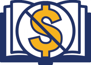 A book icon with an exed-out dollar sign in the center
