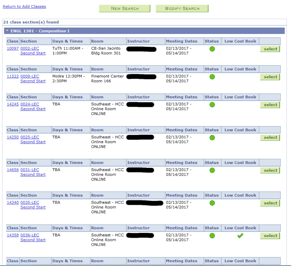 The search screen provides a list of classes that meet search criteria. In this example, there are 21 class sections that fit the search criteria. The section presented includes eight sections of ENGL 1301 "Composition I." Each section has a Class number, a Section description, Days & Times, Room, Instructor, Meeting Dates, Status, and Low Cost Books. Under the Low Cost Books column, one course has a green check mark.