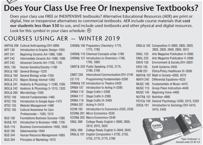 flier listing all courses using alternative educational resources in Winter 2019