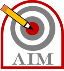 Badge - bullseye with pencil in the middle target. AIM is written beneath target.